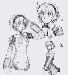Rule 34 | 1girl, aegis (persona), ayellowapple, bag, bug, butterfly, commentary, english commentary, gekkoukan high school uniform, headset, highres, holding, holding bag, insect, jacket, joints, looking to the side, monochrome, multiple views, neckerchief, open mouth, persona, persona 3, persona 3 reload, robot girl, robot joints, school uniform, short hair, simple background, sketch