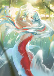 Rule 34 | 1girl, arms up, bad id, bad pixiv id, blue hair, commentary, day, fins, grey eyes, hair between eyes, hair censor, haruri, head fins, highres, koi, long hair, looking at viewer, looking to the side, mermaid, monster girl, nail polish, nude, original, outdoors, parted lips, red nails, signature, solo, sunlight, transparent, twintails, underwater, very long hair, water