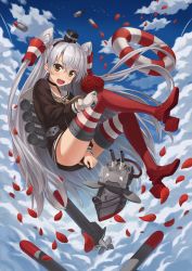 Rule 34 | &gt;:d, 10s, 1girl, :d, amatsukaze (kancolle), blush, boots, brown eyes, bullet, choker, cloud, covering crotch, covering privates, day, flower, full body, gloves, grey hair, hair tubes, hat, highres, holding, innertube, kantai collection, long hair, long sleeves, npcpepper, o o, open mouth, petals, red thighhighs, rensouhou-kun, sailor collar, shirt, sky, smile, striped clothes, striped thighhighs, swim ring, tears, thigh boots, thighhighs, torpedo, two side up, v-shaped eyebrows, very long hair, white gloves