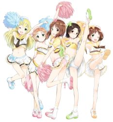 Rule 34 | 5girls, :d, :|, arms behind back, arms up, blonde hair, blue bow, blue footwear, blue ribbon, bow, braid, brown eyes, brown hair, carpaccio (girls und panzer), cheerleader, closed mouth, collarbone, commentary request, crossed legs, frilled panties, frilled skirt, frills, from side, full body, girls und panzer, green eyes, hair between eyes, hat, highres, holding, holding own foot, holding pom poms, kokekokko coma, leg up, long hair, looking at viewer, miniskirt, multiple girls, navel, neckerchief, nishizumi miho, one eye closed, open mouth, orange hair, orange pekoe (girls und panzer), panties, pantyshot, parted bangs, pink footwear, pink panties, pink ribbon, pleated skirt, pom pom (cheerleading), pom poms, ribbon, sailor collar, sailor hat, sakaguchi karina, sawa azusa, shoe soles, shoes, short hair, sidelocks, simple background, skirt, sleeveless, smile, standing, standing on one leg, strapless, tube top, underwear, watson cross, white background, white footwear, white panties, white skirt