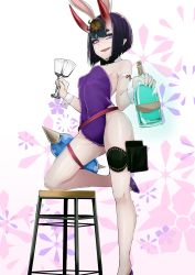 Rule 34 | 1girl, alcohol, animal ears, b.d, bare legs, bare shoulders, black bow, black bowtie, bob cut, bottle, bow, bowtie, breasts, commentary, covered navel, cup, detached collar, drinking glass, fake animal ears, fangs, fate/grand order, fate (series), gourd, headpiece, highres, horns, leg up, leotard, narrowed eyes, open mouth, playboy bunny, pointy ears, purple eyes, purple footwear, purple hair, purple leotard, rabbit ears, short hair, shuten douji (fate), skin-covered horns, small breasts, smile, smug, solo, standing, standing on one leg, thick eyebrows, wine bottle, wine glass, wrist cuffs