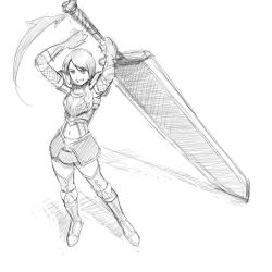 Rule 34 | 1990s (style), armor, artist request, berserk, dragonslayer (sword), fishnets, greyscale, huge weapon, monochrome, retro artstyle, short hair, solo, sword, thighhighs, weapon