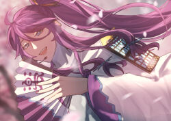 Rule 34 | 1boy, absurdres, blue eyes, cherry blossoms, commentary, falling petals, hand fan, headphones, highres, holding, holding fan, japanese clothes, kamui gakupo, kimono, long hair, looking at viewer, male focus, open mouth, petals, ponytail, purple hair, purple nails, rionka kamui, smile, solo, symbol-only commentary, vocaloid, white kimono