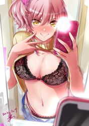 Rule 34 | 1girl, black bra, black panties, blush, bra, breasts, cellphone, cleavage, clothes lift, dated, denim, flashlight, highres, holding, holding phone, idolmaster, idolmaster cinderella girls, indoors, jeans, jewelry, jougasaki mika, lace, lace-trimmed bra, lace-trimmed panties, lace trim, lifting own clothes, looking at viewer, medium breasts, mirror, navel, ochi r, panties, pants, phone, pink hair, reflection, ribbed sweater, ring, selfie, side ponytail, signature, smile, solo, stomach, sweater, sweater lift, underwear, v, yellow sweater