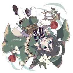 Rule 34 | 1boy, air (air en0), apple, black hair, blush, bow, braid, cape, flower, food, fruit, genshin impact, green cape, green eyes, green hair, green hat, green shorts, hashtag-only commentary, hat, highres, instrument, long sleeves, looking at viewer, lyre, male focus, multicolored hair, open mouth, pantyhose, shoes, shorts, simple background, solo, twin braids, upside-down, venti (genshin impact), white background, white flower, white pantyhose