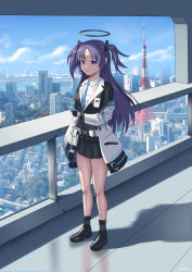 Rule 34 | 1girl, absurdres, black footwear, black gloves, black shirt, black skirt, blouse, blue archive, blue bow, blue bowtie, blue eyes, blue sky, bow, bowtie, city, cityscape, cloud, cloudy sky, full body, gloves, highres, jacket, long hair, long sleeves, looking at viewer, open mouth, polo shirt, purple hair, scenery, school uniform, shadow, shiftillust, shirt, skirt, sky, skyline, solo, standing, tokyo (city), tokyo tower, twintails, white jacket, yuuka (blue archive)