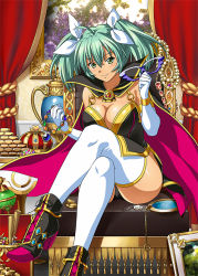 Rule 34 | 1girl, blush, boots, breasts, cape, curvy, dark skin, dark-skinned female, female focus, green hair, ikkitousen, large breasts, legs, long hair, looking at viewer, ryofu housen, sitting, smile, solo, tagme, twintails