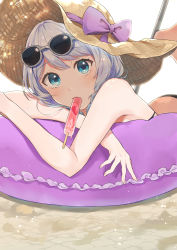 Rule 34 | 1girl, absurdres, bang dream!, bare arms, bare shoulders, barefoot, bikini, black bikini, blue eyes, bow, eyewear on head, fingernails, food, food in mouth, fruit, grey-framed eyewear, hamatsuka nao, hat, hat bow, highres, innertube, leg up, light blush, light particles, long hair, looking at viewer, lying, mouth hold, on stomach, popsicle, purple bow, shade, silver hair, solo, straw hat, strawberry, sun hat, sunglasses, swim ring, swimsuit, upper body, wakamiya eve, white background