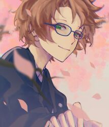 Rule 34 | 1boy, black jacket, blue-framed eyewear, brown hair, chinese commentary, chromatic aberration, closed mouth, commentary request, ensemble stars!, falling petals, glasses, green eyes, highres, jacket, long sleeves, male focus, petals, short hair, smile, solo, wududuovo, yuuki makoto (ensemble stars!)