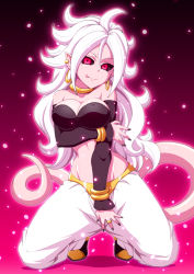 Rule 34 | 1girl, android 21, aura, black nails, black sclera, bracelet, breasts, cleavage, colored sclera, colored skin, curly hair, detached sleeves, dragon ball, dragon ball fighterz, earrings, glowing, harem pants, hoop earrings, jewelry, kneeling, licking lips, light particles, long hair, looking at viewer, majin android 21, nail polish, pants, pink hair, pink skin, pointy ears, red eyes, ring, smile, solo, stomach, tail, tongue, tongue out, very long hair, zetsumu