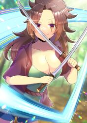 Rule 34 | &gt;:), 1girl, blue shorts, breasts, brown eyes, brown hair, brown jacket, cleavage, closed mouth, collarbone, commentary request, commission, crossed swords, forehead, holding, holding sword, holding weapon, jacket, katana, kou hiyoyo, large breasts, long hair, looking at viewer, open clothes, open jacket, original, ponytail, scar, scar across eye, short shorts, short sleeves, shorts, skeb commission, smile, solo, sword, v-shaped eyebrows, weapon