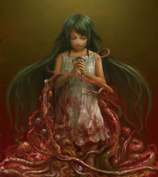 Rule 34 | 1girl, blood, blood on clothes, dress, eldritch abomination, closed eyes, flat chest, green hair, own hands clasped, long hair, nose, onmyous, own hands together, praying, saya (saya no uta), saya no uta, solo, sundress, tentacles