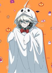 Rule 34 | 1boy, ahoge, armor, artist name, bow, bowtie, candy, closed mouth, commission, danganronpa (series), danganronpa v3: killing harmony, food, ghost, ghost costume, grey eyes, grey hair, hands up, headphones, hood, hood up, japduk s2, k1-b0, male focus, orange background, power armor, pumpkin, red bow, red bowtie, silk, smile, solo, spider web, sticker