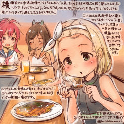 Rule 34 | 10s, 3girls, :d, ^ ^, blonde hair, blue sailor collar, brown hair, colored pencil (medium), commentary request, dated, closed eyes, food, green eyes, hairband, holding, i-168 (kancolle), i-401 (kancolle), kantai collection, kirisawa juuzou, long hair, luigi torelli (kancolle), multiple girls, numbered, okonomiyaki, open mouth, orange sailor collar, ponytail, red eyes, red hair, sailor collar, sailor shirt, school uniform, serafuku, shirt, short hair, sleeveless, sleeveless shirt, smile, traditional media, translation request, twitter username, white hairband