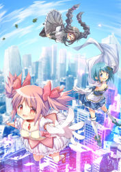 Rule 34 | 3girls, absurdres, akemi homura, ankle boots, argyle, argyle clothes, argyle legwear, black hair, black headwear, black socks, blue eyes, blue footwear, blue hair, blue sky, blush, boots, bow, braid, breasts, bubble skirt, cape, choker, cityscape, cleavage, cloud, commentary request, explosive, fortissimo, frilled skirt, frills, glasses, gloves, grenade, grey skirt, hair bow, hair ornament, highres, hoshikage wataru, kaname madoka, kneehighs, knees up, long hair, long sleeves, looking at viewer, magical girl, mahou shoujo madoka magica, mahou shoujo madoka magica (anime), medium breasts, miki sayaka, multiple girls, musical note, musical note hair ornament, open mouth, pantyhose, pink hair, puffy short sleeves, puffy sleeves, purple eyes, red-framed eyewear, red bow, red choker, red eyes, red footwear, semi-rimless eyewear, shirt, shoes, short hair, short sleeves, short twintails, skirt, sky, small breasts, smile, socks, thighhighs, twin braids, twintails, white cape, white gloves, white legwear, white shirt, zettai ryouiki