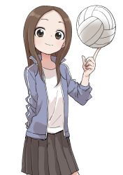 Rule 34 | 10s, 1girl, absurdres, ball, black skirt, blue jacket, brown eyes, brown hair, closed mouth, contrapposto, fingernails, highres, holding, holding ball, index finger raised, jacket, karakai jouzu no takagi-san, long hair, looking at viewer, open clothes, open jacket, parted bangs, pleated skirt, shirt, simple background, skirt, smile, solo, standing, takagi-san, track jacket, volleyball (object), white background, white shirt, yamamoto souichirou