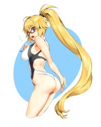 Rule 34 | 1girl, absurdres, ass, athenawyrm, bare arms, bare shoulders, black-framed eyewear, blush, breasts, commentary, competition swimsuit, fate/grand order, fate (series), glasses, high ponytail, highleg, highleg swimsuit, highres, jeanne d&#039;arc (fate), jeanne d&#039;arc (ruler) (fate), jeanne d&#039;arc (swimsuit archer) (fate), jeanne d&#039;arc (swimsuit archer) (second ascension) (fate), long hair, looking at viewer, looking back, medium breasts, one-piece swimsuit, open mouth, ponytail, shiny skin, simple background, solo, swimsuit, thighs, very long hair, whistle, whistle around neck