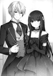 Rule 34 | 1boy, 1girl, ascot, ayase miharu, blunt bangs, blush, breasts, choker, cleavage, collarbone, cowboy shot, dress, elbow gloves, gloves, greyscale, hair between eyes, hair ornament, highres, jacket, jewelry, layered dress, long dress, long hair, looking at viewer, medium breasts, monochrome, necklace, novel illustration, official art, open clothes, open jacket, pants, rio (seirei gensouki), riv (rivleaf), scan, seirei gensouki, shirt, sleeveless, sleeveless dress, smile, standing, very long hair