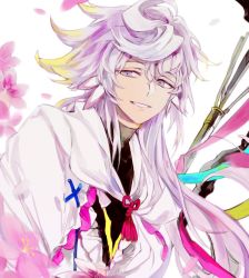 Rule 34 | 1boy, fate/grand order, fate (series), feathers, flower, long hair, looking to the side, male focus, merlin (fate/stay night), petals, purple eyes, purple hair, simple background, smile, solo, staff, suou (sdurorhr), upper body, white background