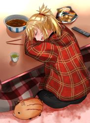 Rule 34 | 1girl, :d, black pants, blonde hair, drooling, closed eyes, fate/apocrypha, fate (series), hair ornament, hair scrunchie, highres, jacket, kotatsu, long hair, long sleeves, mordred (fate), mordred (fate/apocrypha), open mouth, pants, plaid, plaid jacket, ponytail, red jacket, red scrunchie, scrunchie, sitting, sleeping, smile, solo, table, tomotomow00w, under kotatsu, under table