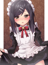 Rule 34 | 1girl, alternate costume, apron, black dress, black hair, blush, breasts, brown eyes, dress, enmaided, fate/kaleid liner prisma illya, fate (series), hair ornament, hairclip, highres, juliet sleeves, long hair, long sleeves, looking at viewer, maid, maid headdress, miyu edelfelt, mochi (k620803n), open mouth, ponytail, puffy sleeves, sidelocks, small breasts, solo, swept bangs, white apron