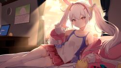 Rule 34 | 1girl, absurdres, animal ears, arm up, artist name, azur lane, bare shoulders, bed, bedroom, calendar, closed mouth, collarbone, curtains, day, dot nose, female focus, highres, hood, hoodie, indoors, jacket, juumon, laffey (azur lane), long hair, looking at viewer, nintendo switch controller, open clothes, open jacket, pink eyes, rabbit ears, skirt, solo, sunlight, thighhighs, twintails, white hair, white thighhighs