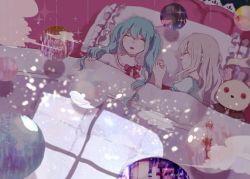 Rule 34 | 2girls, :o, bad id, bad pixiv id, bed, blanket, blue hair, blush, bow, button eyes, buttons, closed eyes, closed mouth, couple, danjou sora, day, frilled pillow, frills, from above, hatsune miku, holding hands, indoors, long hair, megurine luka, multiple girls, on bed, open mouth, orb, pillow, pink bow, pink hair, profile, red bow, sleeping, sparkle, stuffed animal, stuffed rabbit, stuffed toy, sunlight, twintails, under covers, vocaloid, yuri