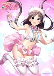 Rule 34 | 1girl, animal ears, blouse, bow, bow panties, breasts, brown hair, circle name, cleavage, commentary request, copyright name, crop top, feathers, flower, frilled shirt, frilled thighhighs, frills, gloves, hair flower, hair ornament, hat, jewelry, jumping, legs up, long hair, looking at viewer, mahou shoujo kanae, mary janes, medium breasts, miyamachi kanae, navel, neck ribbon, necklace, original, panties, pantyshot, pink bow, pink footwear, pink shirt, pleated skirt, purple eyes, ribbon, shirt, shoes, skirt, sleeveless, sleeveless shirt, solo, sparkle, takeashiro, thighhighs, underwear, very long hair, white hat, yumehiko