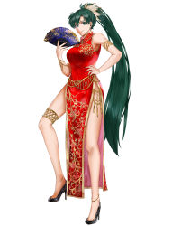 Rule 34 | anklet, bare legs, bracelet, chinese clothes, delsaber, fire emblem, fire emblem: the blazing blade, green eyes, green hair, hand fan, high heels, highres, jewelry, long hair, looking at viewer, lyn (fire emblem), nintendo, ponytail, smile, solo, thighs, very long hair