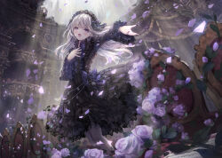 1girl black_dress bow dress floating_hair flower frilled_dress frills gothic_lolita grey_pantyhose headdress highres indoors lolita_fashion long_hair long_sleeves missile228 original pantyhose petals purple_bow purple_flower solo standing white_hair