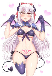 Rule 34 | 1girl, absurdres, alternate breast size, asymmetrical gloves, bikini, breasts, cowboy shot, demon girl, demon horns, demon tail, demon wings, melusine (fate), fang, fate/grand order, fate (series), gloves, gluteal fold, heart, heart tattoo, highres, horns, leg up, long hair, looking at viewer, medium breasts, open mouth, orange eyes, pubic tattoo, single thighhigh, smile, solo, standing, standing on one leg, swimsuit, tail, tattoo, thighhighs, white hair, wings, yakisobapan tarou &amp; negitoro-ko
