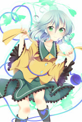 Rule 34 | 1girl, ahoge, ashino, blouse, blue hair, boots, collarbone, green eyes, heart, heart of string, highres, knee boots, komeiji koishi, leaf, leaf background, long sleeves, looking at viewer, no headwear, shirt, short hair, simple background, skirt, smile, solo, third eye, touhou, white background