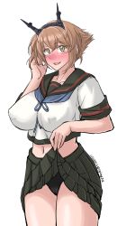 Rule 34 | 1girl, absurdres, black sailor collar, black skirt, blue neckerchief, blush, breasts, brown hair, clothes lift, collarbone, commentary request, cosplay, cowboy shot, dated, fubuki (kancolle), fubuki (kancolle) (cosplay), green eyes, hairband, headgear, highres, kantai collection, large breasts, lifting own clothes, looking at viewer, mutsu (kancolle), neckerchief, nose blush, pleated skirt, radio antenna, sailor collar, short hair, simple background, skirt, skirt lift, smile, solo, sozan, twitter username, white background
