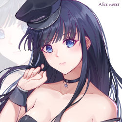 Rule 34 | 1girl, aquaplus, arm up, bare shoulders, black hair, black hat, blue eyes, blush, breasts, choker, cleavage, closed mouth, collarbone, eyelashes, fingernails, gradient eyes, hat, highres, large breasts, lixiang guo alice, long hair, looking at viewer, multicolored eyes, off shoulder, portrait, raised eyebrows, sidelocks, signature, sleeveless, solo, touma kazusa, very long hair, white album, white album (series), white album 2, wrist cuffs