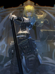 Rule 34 | 1girl, animal ears, arknights, black pants, blonde hair, blunt bangs, building, closed mouth, crop top, feet out of frame, grey shirt, highres, holding, holding weapon, lion ears, long hair, midriff, night, off shoulder, official alternate costume, outdoors, pants, ponytail, pouch, samo (shichun samo), shirt, short sleeves, siege (arknights), siege (city destroyer) (arknights), solo, standing, weapon, yellow eyes