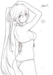 Rule 34 | 1girl, ass, breasts, closed mouth, hair ribbon, kiikii (kitsukedokoro), long hair, looking at viewer, monochrome, ponytail, ribbon, saionji reimi, simple background, smile, solo, star ocean, star ocean the last hope, swimsuit, very long hair, white background