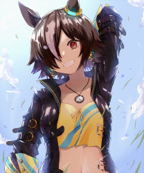 Rule 34 | 1girl, :d, absurdres, alternate hairstyle, animal ears, arm up, black shirt, blue sky, brown eyes, brown hair, cloud, cloudy sky, grin, hair over one eye, highres, horse ears, horse girl, jacket, long sleeves, looking at viewer, navel, open clothes, open jacket, open mouth, outdoors, shirt, short hair, sky, smile, solo, stopwatch, stopwatch around neck, teeth, tetra (ktet4 illu), umamusume, upper body, vodka (umamusume), yellow shirt