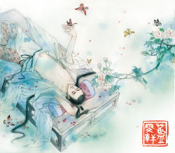 Rule 34 | 1boy, black hair, bug, butterfly, chinese clothes, closed eyes, from above, hanfu, bug, lan wen xuan, long hair, lying, male focus, midriff, navel, on back, ponytail, solo, very long hair