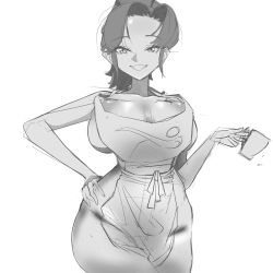 Rule 34 | 1girl, absurdres, apron, bare shoulders, blush, breasts, cleavage, creatures (company), cup, cws3k, game freak, greyscale, hand on own hip, highres, holding, holding cup, large breasts, long hair, looking at viewer, monochrome, mother (pokemon), naked apron, naughty face, nintendo, nipples, paldea mother, parted bangs, pokemon, pokemon sv, ponytail, puffy nipples, short hair, sideboob, simple background, smile, solo, thighs, wide hips