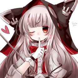 Rule 34 | 1girl, ;o, anchor, azur lane, blowing kiss, blunt bangs, blush, bow, brown hair, chain, cross, cross earrings, dress shirt, earrings, erebus (azur lane), finger to mouth, gloves, glowing, hat, heart, highres, hood, hood up, index finger raised, jewelry, long hair, long sleeves, looking at viewer, one eye closed, parted lips, puffy long sleeves, puffy sleeves, red bow, red eyes, shimashiro itsuki, shirt, simple background, solo, suspenders, suspenders slip, torn clothes, upper body, very long hair, white background, white gloves, white hair, white shirt