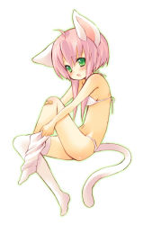 Rule 34 | 1girl, :o, ahoge, animal ears, bandaid, bandaid on knee, bandaid on leg, bikini, blush, cat ears, cat tail, dressing, from side, full body, green eyes, original, pink hair, pocopoco, simple background, solo, swimsuit, tail, thighhighs, thighhighs pull, white background, white bikini, white thighhighs