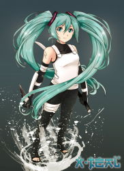 Rule 34 | 1girl, anbu, bare shoulders, black gloves, bodystocking, boots, cosplay, crossover, dual wielding, elbow gloves, female focus, full body, gloves, green background, green eyes, green hair, hatsune miku, highres, holding, kunai, long hair, matching hair/eyes, naruto, naruto (series), ninja, reverse grip, simple background, solo, sword, tattoo, toeless footwear, twintails, very long hair, vocaloid, weapon, x-t3al