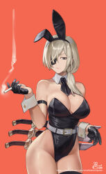 Rule 34 | animal ears, bare shoulders, belt, blonde hair, breasts, chainsaw man, cigarette, detached collar, expressionless, eyepatch, gloves, hair over one eye, holding, holding cigarette, large breasts, leotard, medium hair, necktie, playboy bunny, quanxi (chainsaw man), rabbit ears, short sword, simple background, siriuflong, sword, sword behind back, thighs, weapon, white belt, wide hips, wrist cuffs