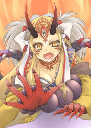 Rule 34 | 1girl, am13, bare shoulders, blonde hair, claws, fate/grand order, fate (series), female focus, horns, ibaraki douji (fate), japanese clothes, kimono, long hair, looking at viewer, monster girl, off shoulder, oni, oni horns, open mouth, short kimono, simple background, solo, tattoo, wide sleeves, yellow eyes, yellow kimono