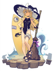 1girl asymmetrical_gloves black_footwear black_gloves black_one-piece_swimsuit blonde_hair boa_(brianoa) bow bracelet braid broom fingerless_gloves gloves hair_bow hat highres jewelry kirisame_marisa long_hair one-piece_swimsuit ribbon side_braid signature single_braid smile solo sticker surfboard swimsuit thigh_strap touhou uneven_gloves water waves white_background white_bow witch_hat yellow_eyes yin_yang yin_yang_print