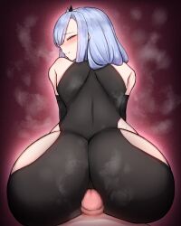 Rule 34 | 2girls, aqua hair, ass, bed, blush, bottomless, buttjob, buttjob over clothes, censored, clothed sex, clothes, elbow gloves, female pov, from behind, futa with female, futanari, genshin impact, gloves, hair over one eye, heart, heart-shaped pupils, highres, huge ass, huge penis, long hair, lumine (genshin impact), mosaic censoring, multiple girls, on bed, open mouth, partially undressed, penis, pov, purple eyes, rikuguma, rubbing, shenhe (genshin impact), smile, symbol-shaped pupils