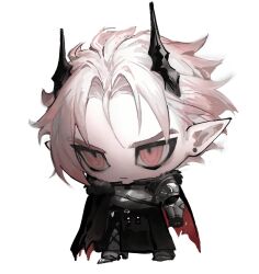 Rule 34 | 1boy, arknights, armor, black cloak, chibi, chinese commentary, cloak, closed mouth, commentary request, earrings, full body, fur-trimmed cloak, fur collar, fur trim, gradient hair, highres, jewelry, male focus, multicolored hair, nine5895254196, pauldrons, pink eyes, pink hair, pointy ears, shoulder armor, simple background, solo, theresis (arknights), white background, white hair