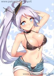 Rule 34 | 1girl, ahoge, arm behind back, armpits, artist name, azur lane, bare arms, bare shoulders, bikini, bikini under clothes, black bikini, black ribbon, blue eyes, blush, breasts, choker, cleavage, closed mouth, collarbone, cowboy shot, denim, denim shorts, front-tie bikini top, front-tie top, go-it, headgear, heart, heart-shaped pupils, large breasts, long hair, looking at viewer, navel, open fly, portland (azur lane), ribbon, shiny skin, short shorts, shorts, side ponytail, signature, silver hair, smile, solo, standing, star (symbol), starry background, stomach, swimsuit, symbol-shaped pupils, tareme, unzipped, very long hair, watermark, web address