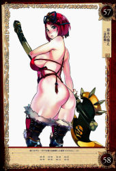 Rule 34 | 1girl, absurdres, ass, axe, bikini, bikini top only, blue eyes, boots, bottomless, breasts, f.s., goldie (queen&#039;s blade), highres, huge ass, large breasts, looking at viewer, official art, pink hair, queen&#039;s blade, queen&#039;s blade grimoire, shibari, shibari under clothes, short hair, sideboob, solo, swimsuit, thick thighs, thigh boots, thighhighs, thighs, weapon, wide hips