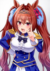 Rule 34 | 1girl, absurdres, animal ears, antenna hair, blue jacket, blush, bow, breasts, buttons, center frills, commentary request, cowboy shot, daiwa scarlet (umamusume), double-breasted, ear bow, epaulettes, fang, frills, hair between eyes, hair intakes, hand on own hip, highres, horse ears, horse girl, horse tail, jacket, juliet sleeves, large breasts, long hair, long sleeves, open mouth, puffy sleeves, red bow, red eyes, red hair, simple background, solo, tail, tawashi hechima, tiara, twintails, umamusume, very long hair, white background